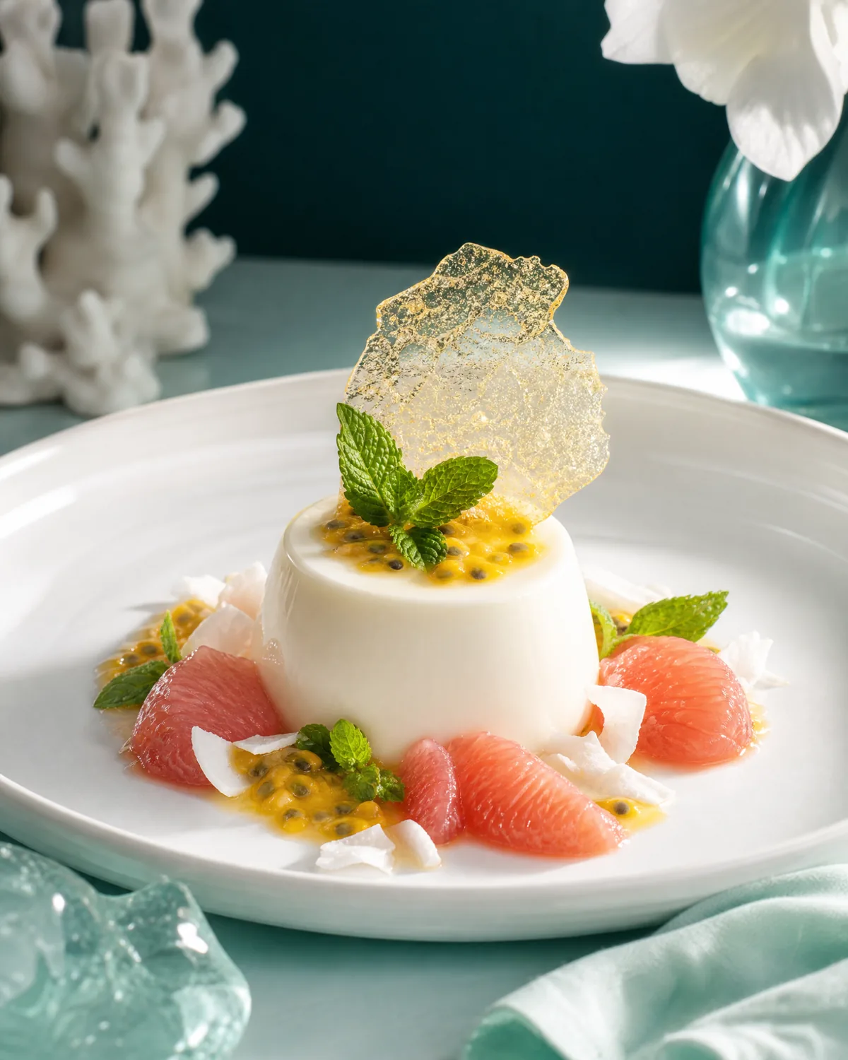 Passion fruit and grapefruit dessert concept presented on a white plate