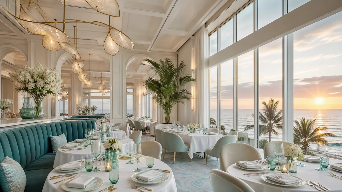 Elegant coastal restaurant concept interior overlooking the ocean at sunset
